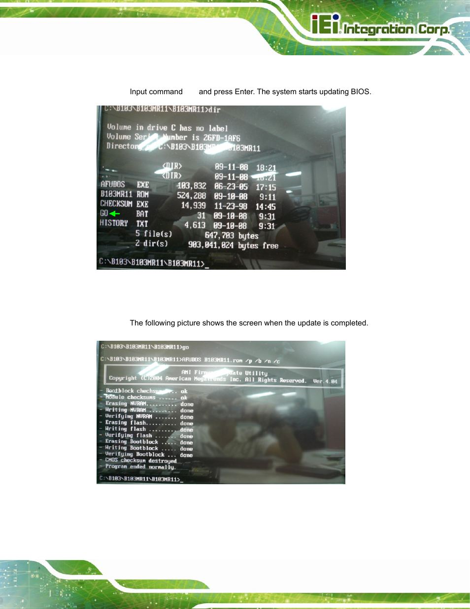 Figure b-9: go command, Figure b-10: bios update complete (dos) | IEI Integration ICE-DB-T6 User Manual | Page 103 / 129