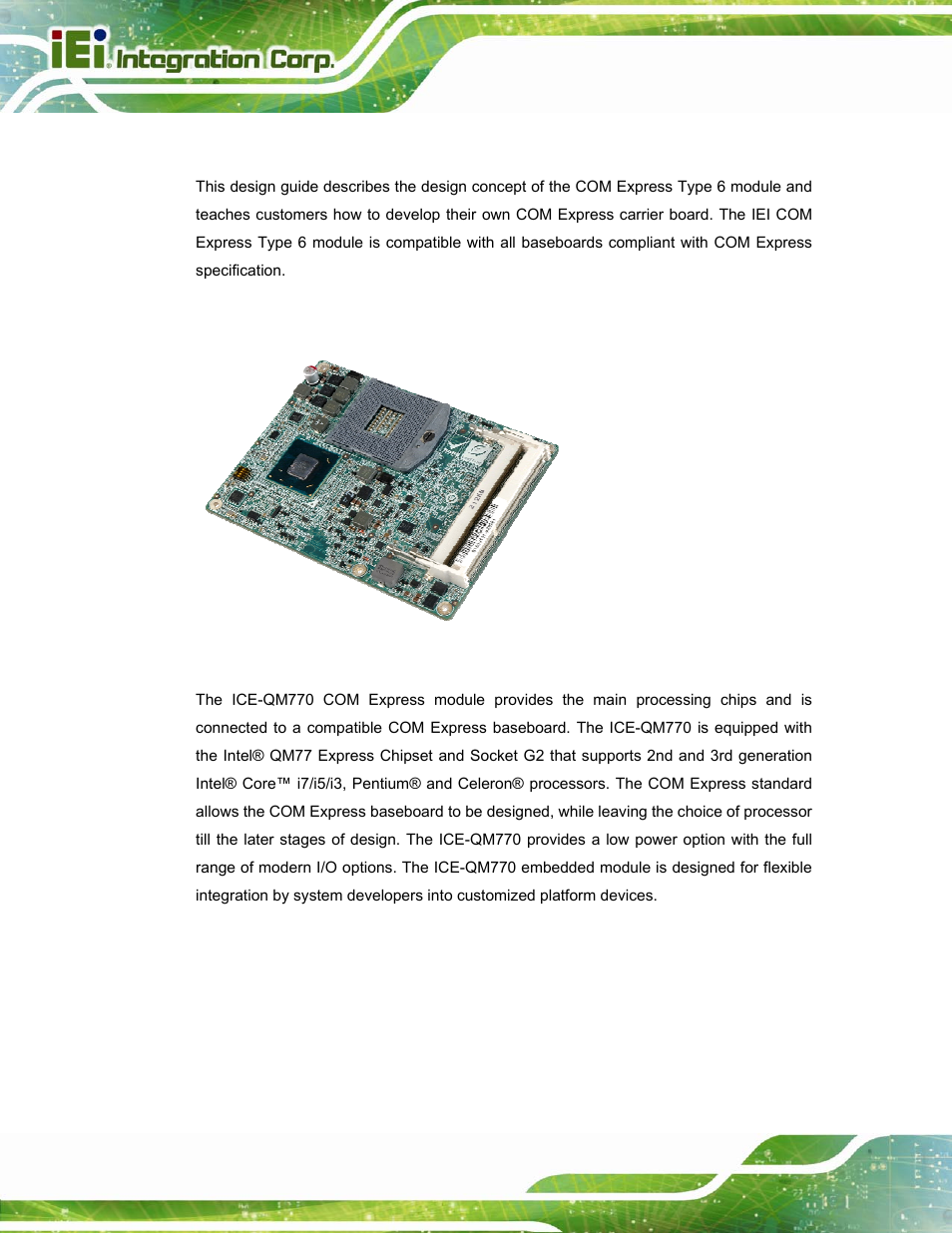 1 introduction, 2 ice-qm770 com express module, Ntroduction | Ice-qm770, Xpress, Odule, Figure 1-1: ice-qm770 | IEI Integration ICE-DB-T6 User Manual | Page 12 / 129