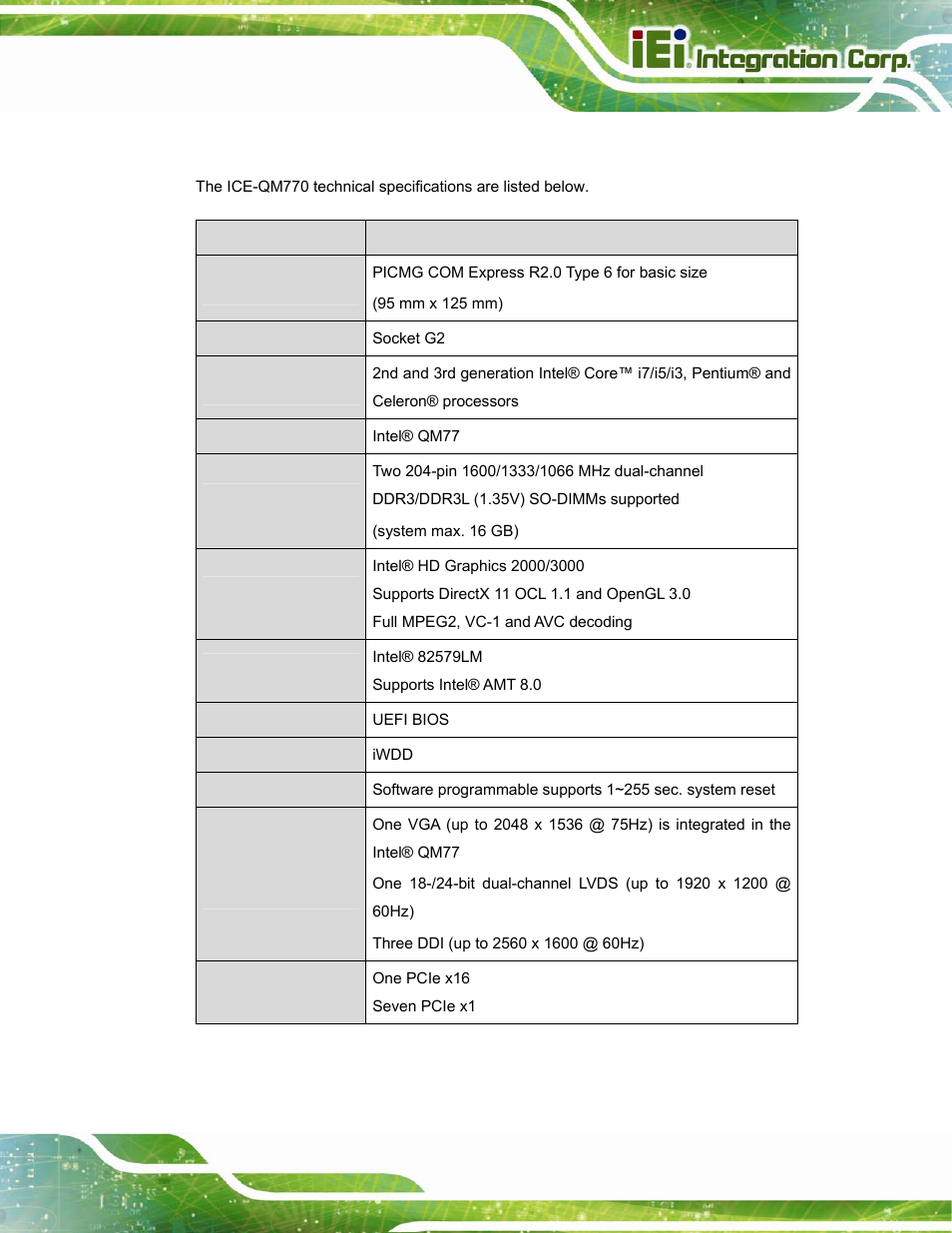 1 ice-qm770 specifications | IEI Integration ICE-DB-T6 User Manual | Page 13 / 129