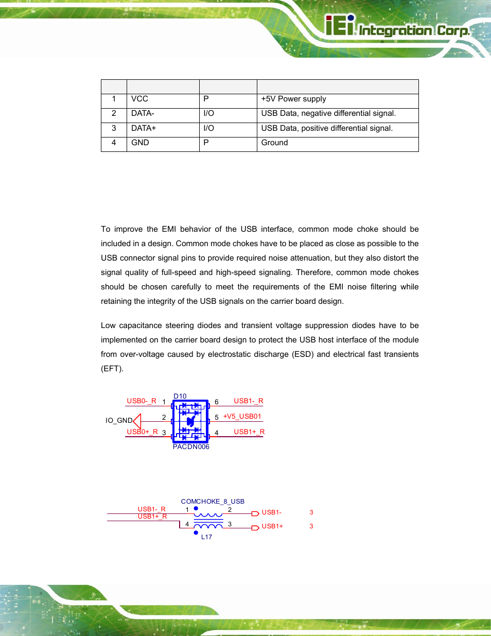 3 esd/emi, Table 3-8: usb connector signal description, Type 6 carrier board design guide page 39 | IEI Integration ICE-DB-T6 User Manual | Page 49 / 129