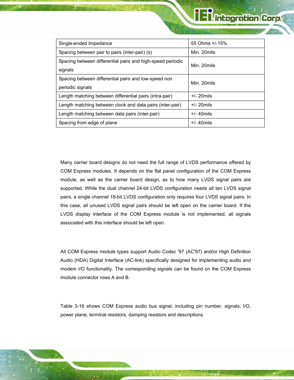 2 implement, 7 audio codec interface (ac’97/hda), 1 signal description | Udio, Odec, Nterface, Ac’97/hda), Table 3-15: lvds impedance consideration | IEI Integration ICE-DB-T6 User Manual | Page 61 / 129