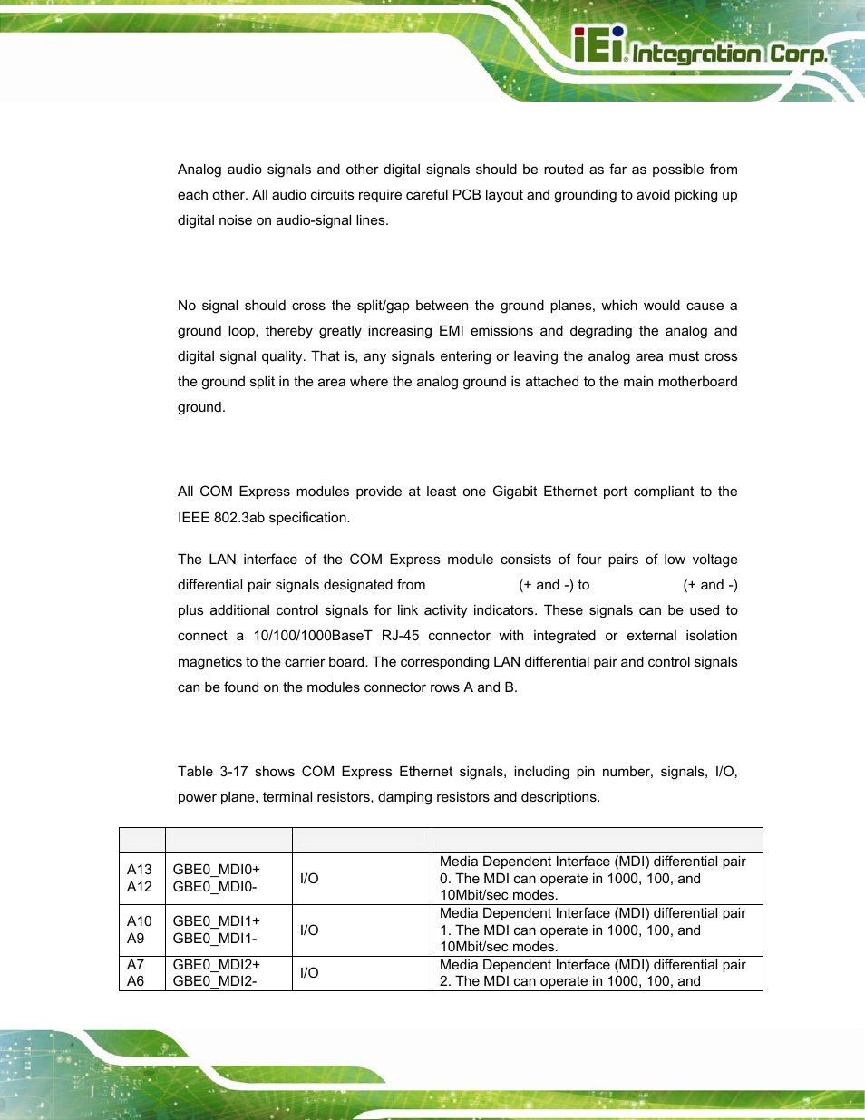 2 digital and analog signals isolation, 3 emi consideration, 9 lan (local area network) | 1 signal description, Ocal, Etwork | IEI Integration ICE-DB-T6 User Manual | Page 63 / 129