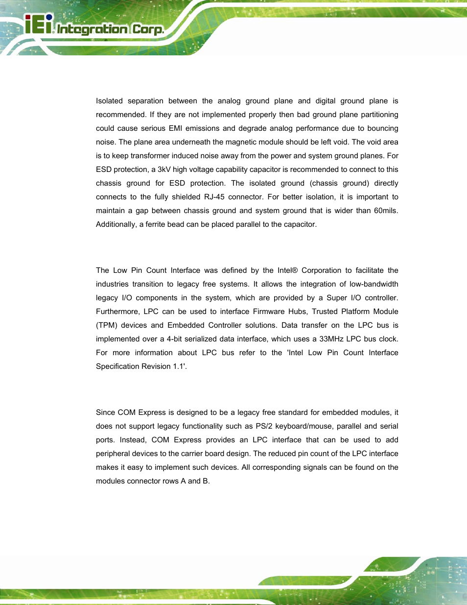 2 lan ground plane separation, 10 lpc (low pin count interface), 1 signal description | Ount, Nterface | IEI Integration ICE-DB-T6 User Manual | Page 66 / 129