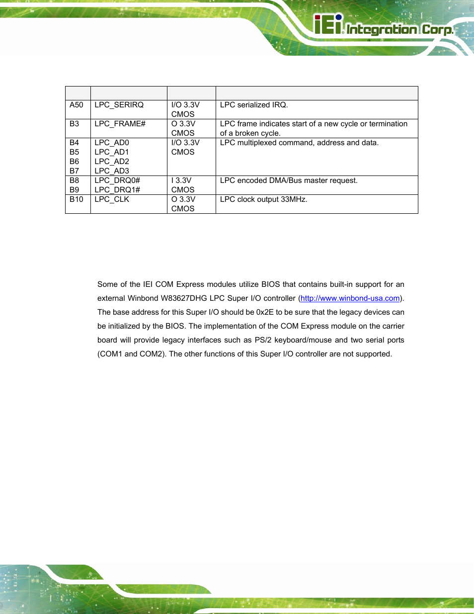 2 lpc super io for legacy io support, Table 3-19: lpc interface signal descriptions | IEI Integration ICE-DB-T6 User Manual | Page 67 / 129