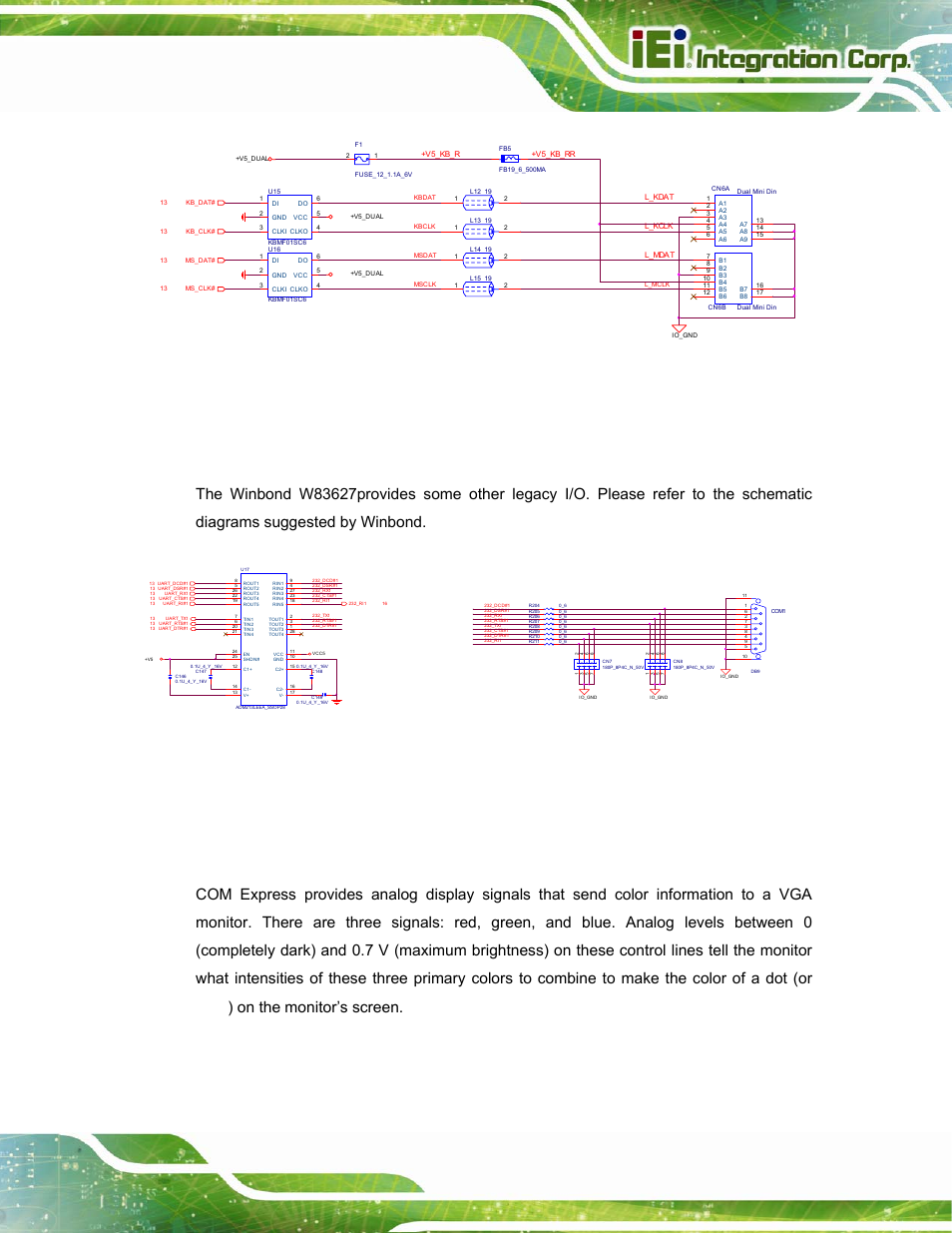 2 rs-232, 11 vga, Figure 3-25: keyboard/mouse reference schematic | Figure 3-26: rs-232 reference schematic, Type 6 carrier board design guide page 59, Kb/ms, Com1 | IEI Integration ICE-DB-T6 User Manual | Page 69 / 129