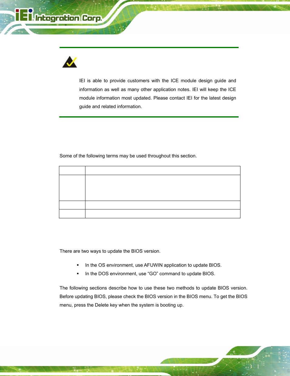 B.1 terminology, B.2 updating bios version, Erminology | Pdating, Bios, Ersion | IEI Integration ICE-DB-T6 User Manual | Page 98 / 129