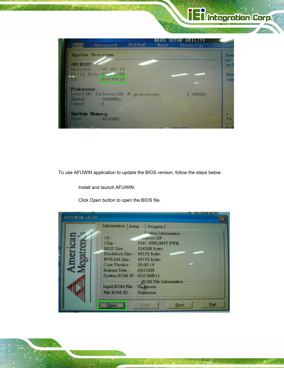 B.2.1 using afuwin, Figure b-1: bios main menu (bios version: mr10), Figure b-2: afuwin – open bios file | IEI Integration ICE-DB-T6 User Manual | Page 99 / 129