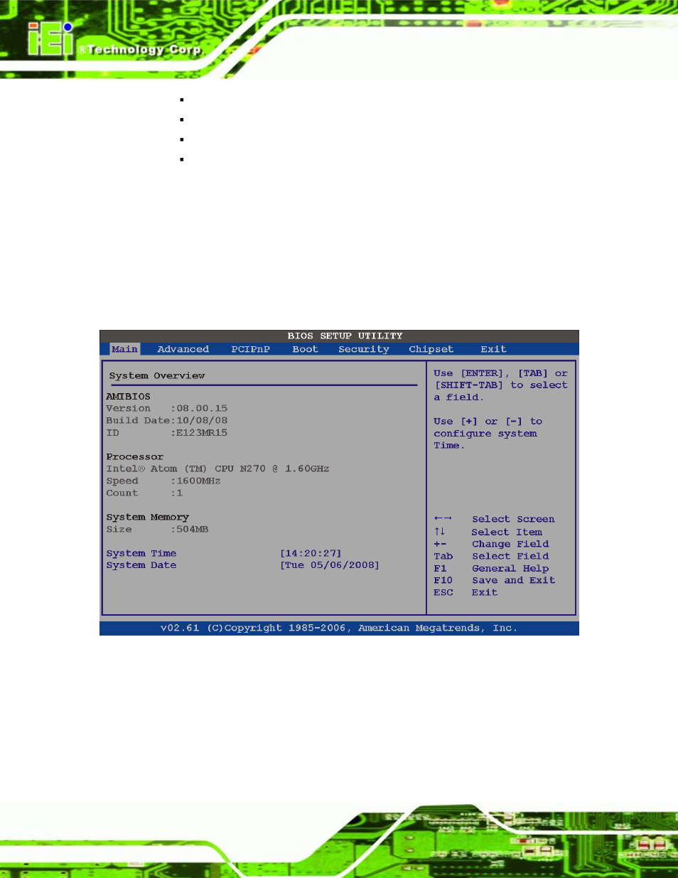 2 main, Bios menu 1: main | IEI Integration ICE-945GSE v1.01 User Manual | Page 58 / 151