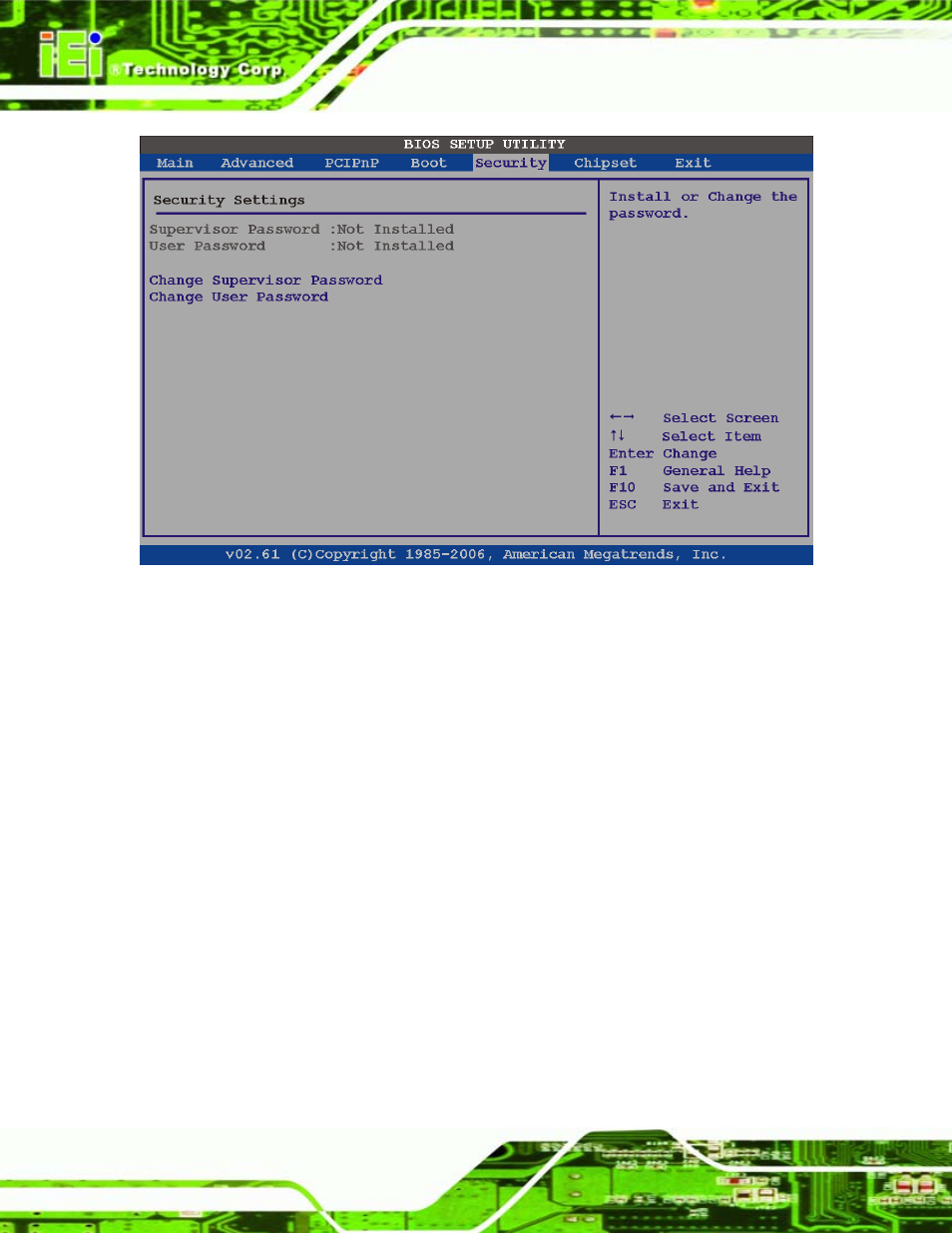 7 chipset, Hipset, Bios menu 21: security | IEI Integration ICE-945GSE v1.01 User Manual | Page 94 / 151