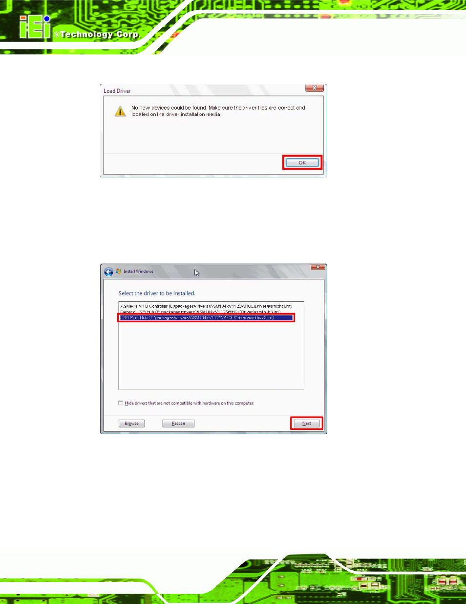 Figure 4-9: confirm the driver file, Figure 4-10: select the usb root hub driver | IEI Integration ICE-CV-D25501_N26001 User Manual | Page 46 / 150