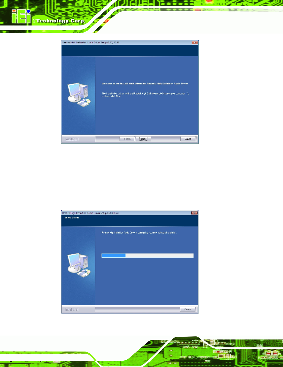 Figure 6-18: audio driver welcome screen, Figure 6-19: audio driver installation | IEI Integration ICE-CV-D25501_N26001 User Manual | Page 90 / 150