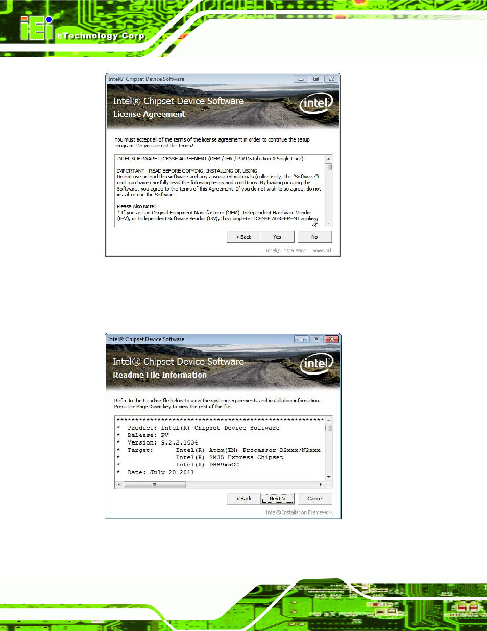 Figure 6-5: chipset driver license agreement, Figure 6-6: chipset driver read me file | IEI Integration ICE-CV-D25502_N26002 User Manual | Page 84 / 150
