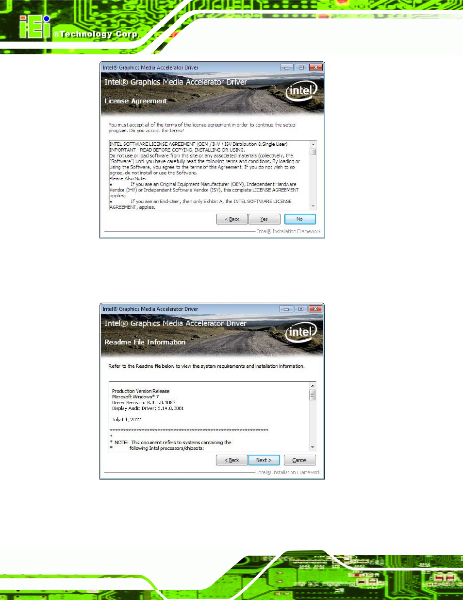 Figure 6-10: vga driver license agreement, Figure 6-11: vga driver read me file | IEI Integration ICE-CV-D25502_N26002 User Manual | Page 88 / 150