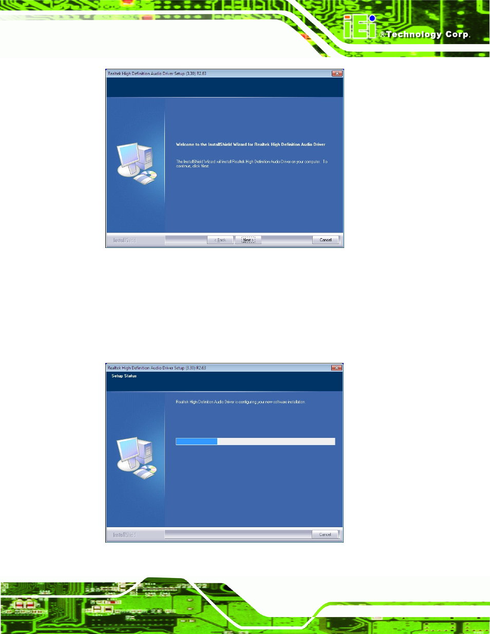 Figure 6-18: audio driver welcome screen, Figure 6-19: audio driver installation | IEI Integration ICE-CV-D25502_N26002 User Manual | Page 93 / 150