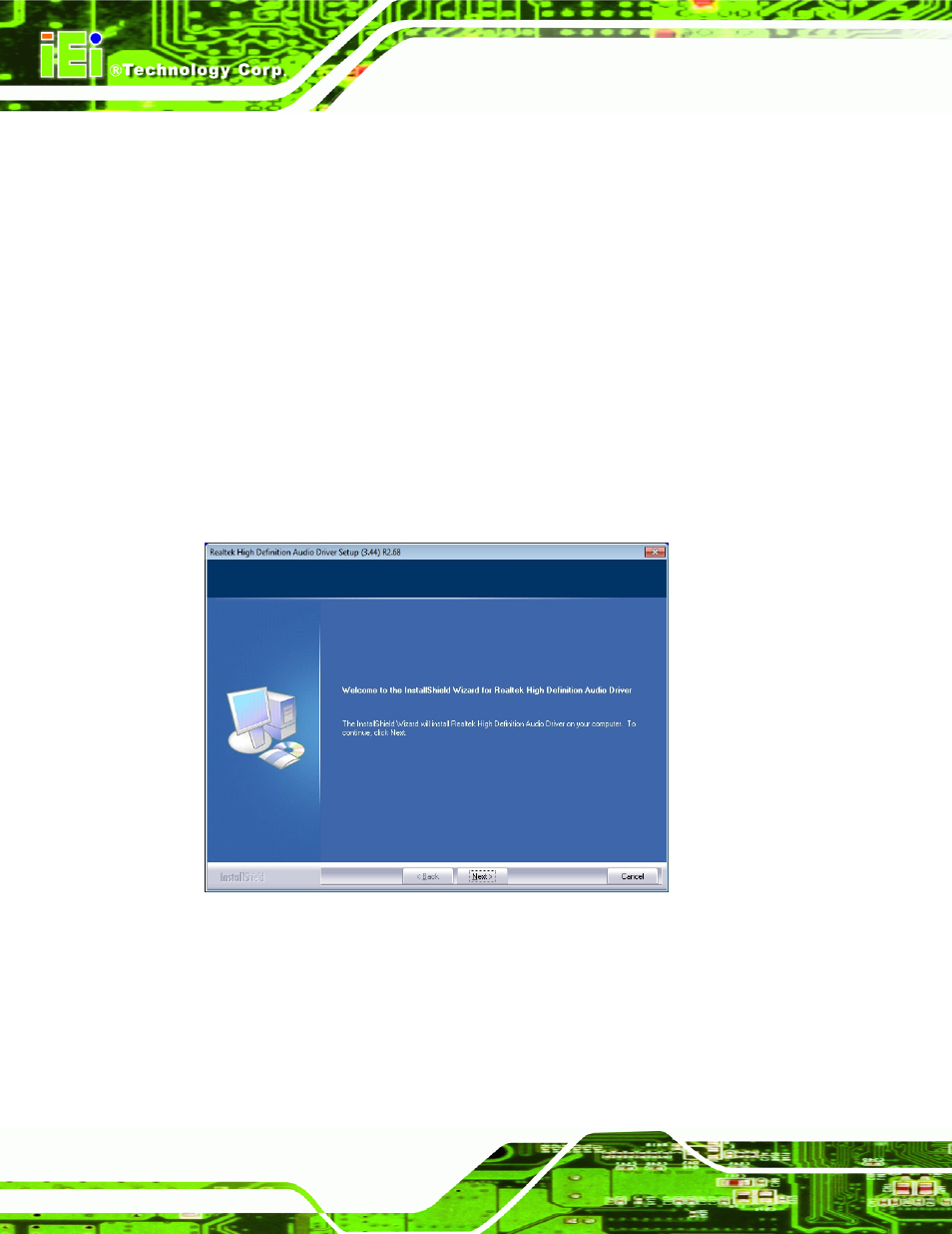 6 audio driver installation, Udio, River | Nstallation, Figure 6-20: audio driver welcome screen | IEI Integration ICE-QM770 User Manual | Page 102 / 168