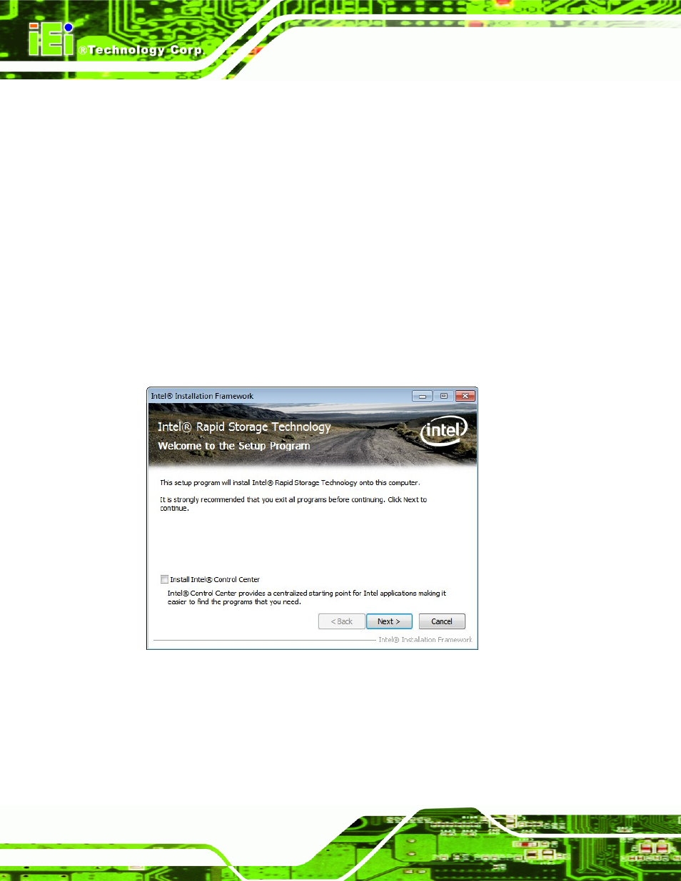 Ntel, Apid, Torage | Echnology, River, Nstallation, Figure 6-23: sata raid driver welcome screen | IEI Integration ICE-QM770 User Manual | Page 104 / 168