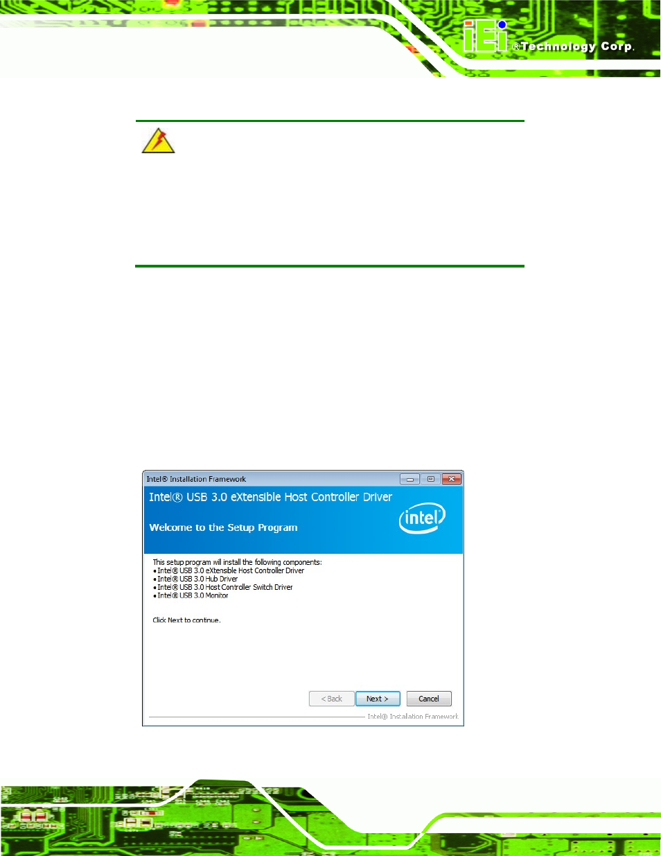 8 usb 3.0 driver installation, River, Nstallation | Figure 6-28: usb 3.0 driver welcome screen | IEI Integration ICE-QM770 User Manual | Page 107 / 168