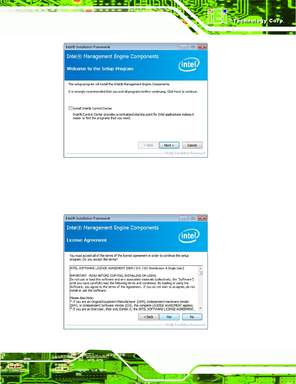 Figure 6-33: intel® me driver welcome screen, Figure 6-34: intel® me driver license agreement | IEI Integration ICE-QM770 User Manual | Page 111 / 168