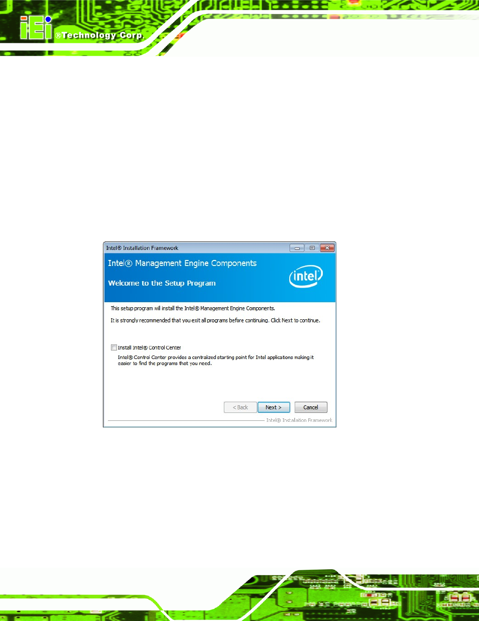8 intel® amt driver installation, Ntel, River | Nstallation, Figure 6-28: intel® me driver welcome screen | IEI Integration ICE-QM871 User Manual | Page 105 / 172