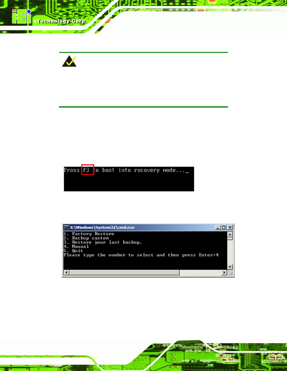B.2.5 create factory default image, Figure b-10: press f3 to boot into recovery mode, Figure b-11: recovery tool menu | IEI Integration ICE-QM871 User Manual | Page 123 / 172