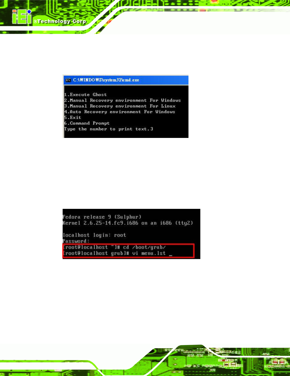 Figure b-32: system configuration for linux, Figure b-33: access menu.lst in linux (text mode) | IEI Integration ICE-QM871 User Manual | Page 135 / 172