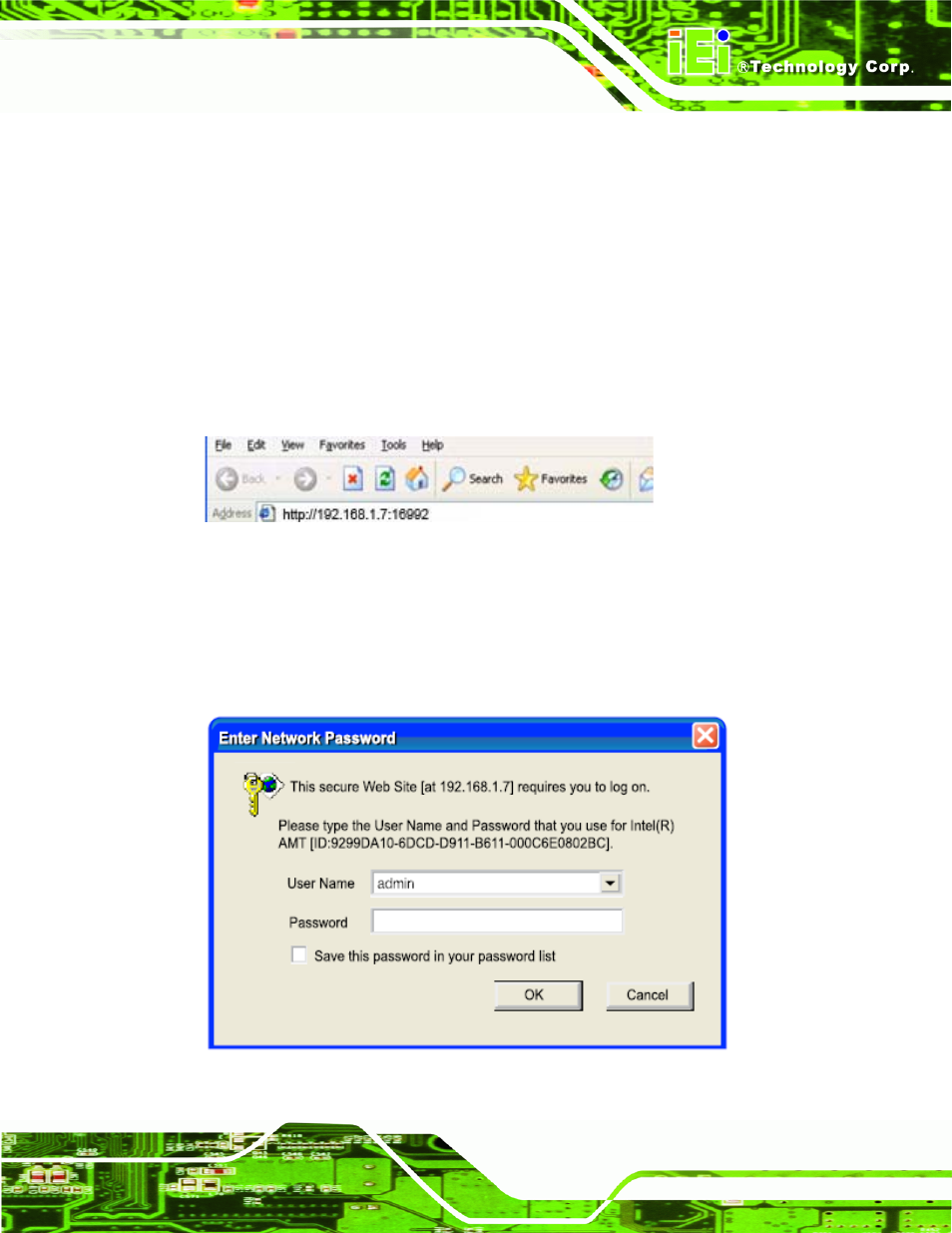 Figure c-11: intel® amt web address, Figure c-12: intel® amt web login dialog | IEI Integration ICE-QM871 User Manual | Page 160 / 172