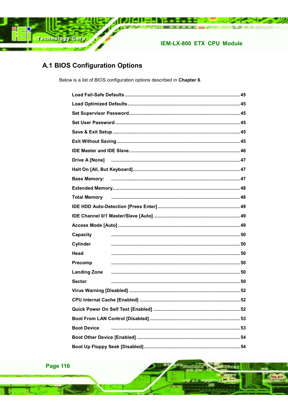 A.1 bios configuration options | IEI Integration IEM-LX v1.10 User Manual | Page 132 / 152