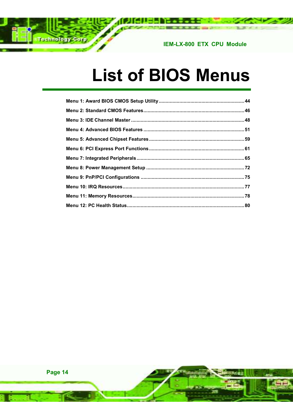 List of bios menus | IEI Integration IEM-LX v1.10 User Manual | Page 14 / 152