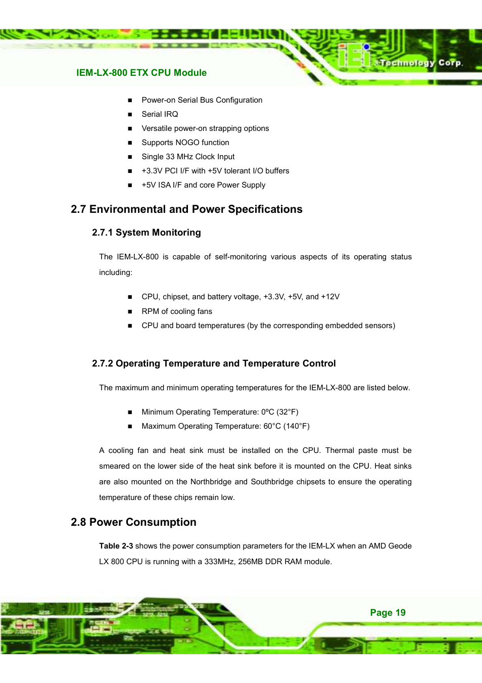 7 environmental and power specifications, 8 power consumption | IEI Integration IEM-LX v1.10 User Manual | Page 35 / 152