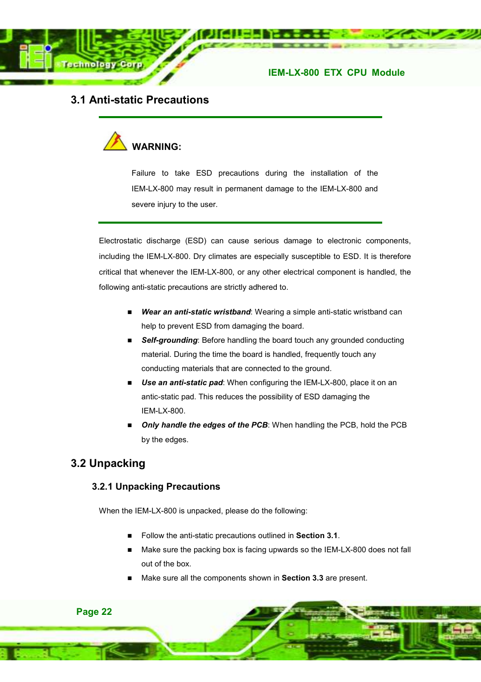 1 anti-static precautions, 2 unpacking | IEI Integration IEM-LX v1.10 User Manual | Page 38 / 152