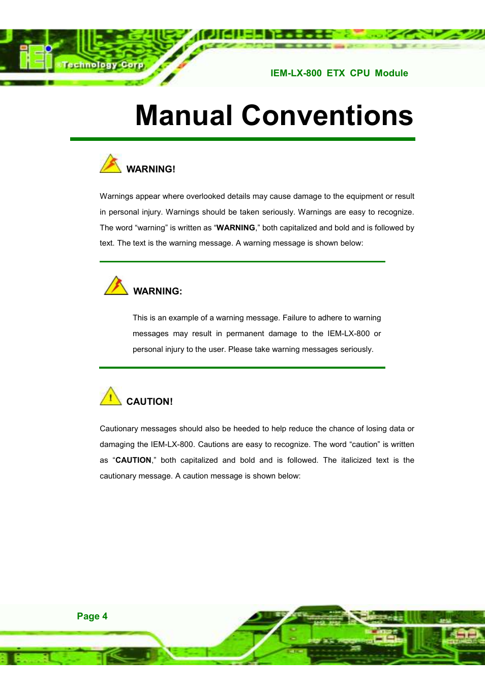 Manual conventions | IEI Integration IEM-LX v1.10 User Manual | Page 4 / 152