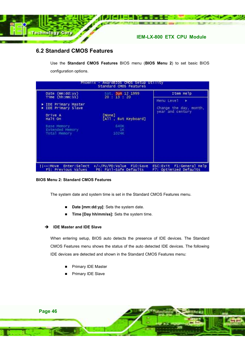 2 standard cmos features | IEI Integration IEM-LX v1.10 User Manual | Page 62 / 152