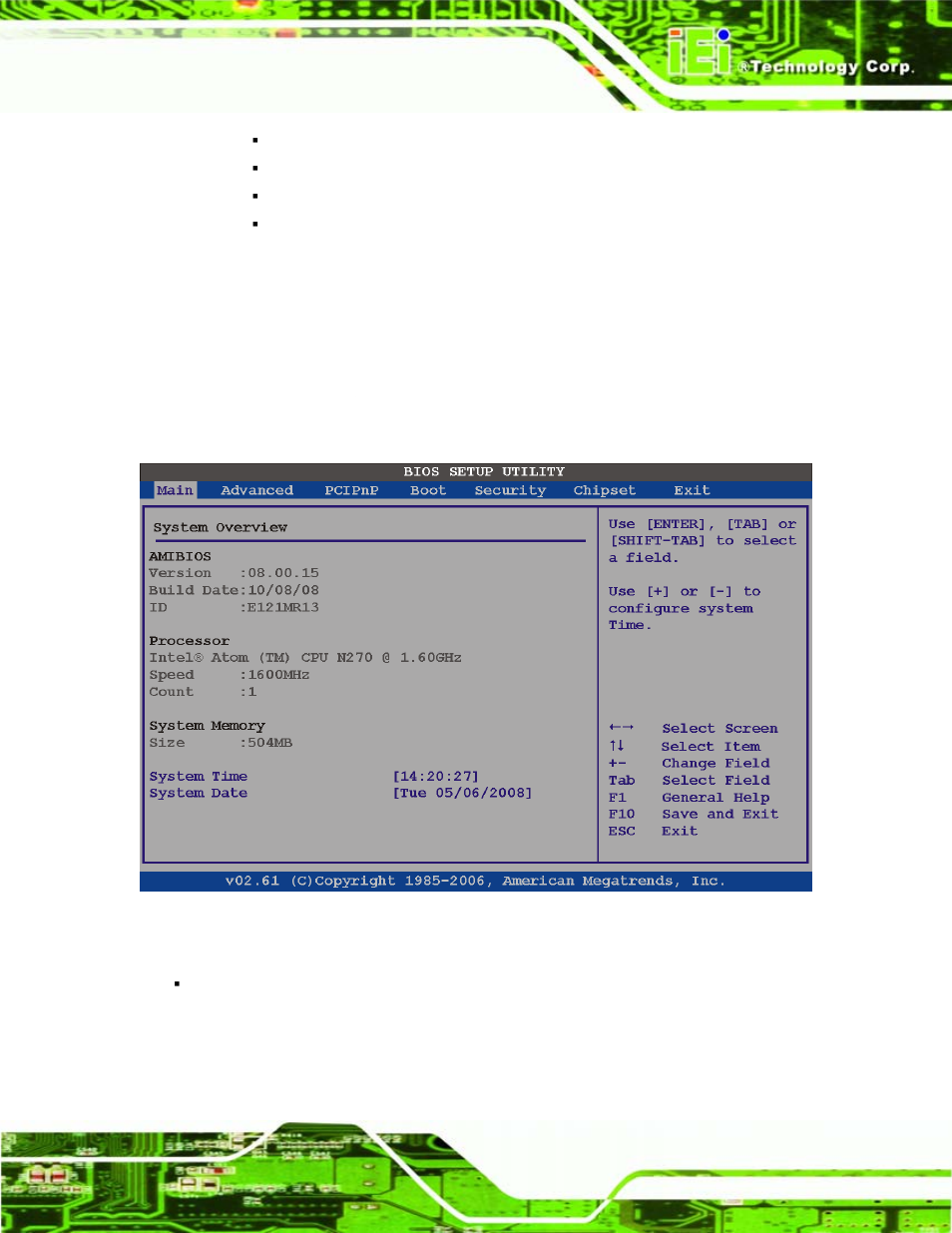 2 main, Bios menu 1: main | IEI Integration IEM-945GSE User Manual | Page 59 / 148