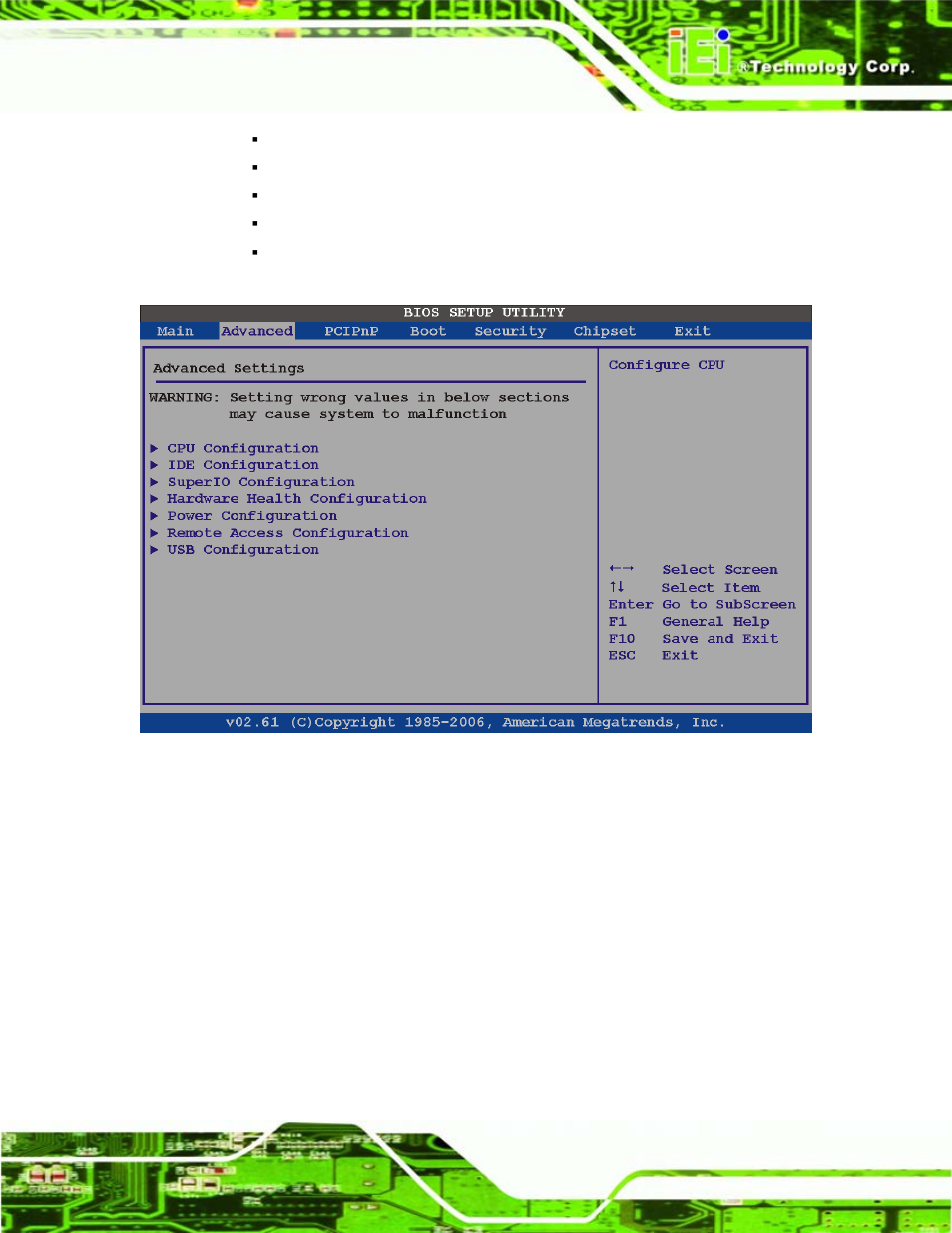Bios menu 2: advanced | IEI Integration IEM-945GSE User Manual | Page 61 / 148
