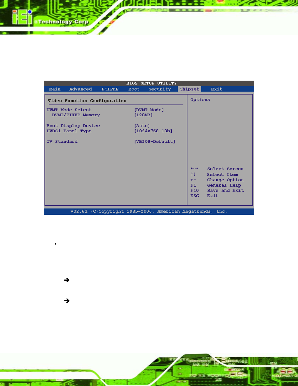 1 video function configuration, Bios menu 22: video function configuration | IEI Integration IEM-945GSE User Manual | Page 96 / 148