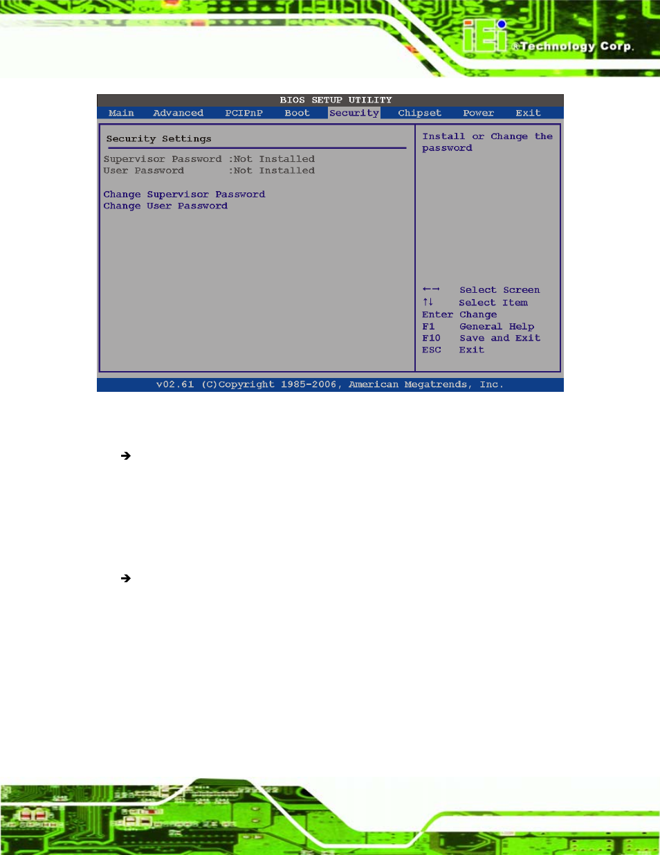 7 chipset, Hipset, Bios menu 20: security | IEI Integration eKINO-945GSE v1.01 User Manual | Page 145 / 215