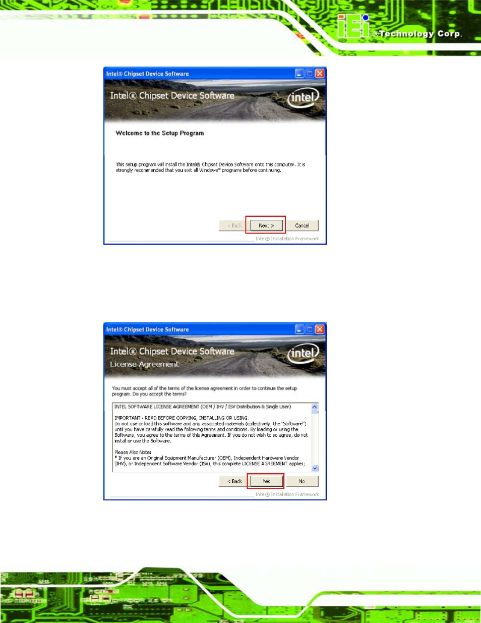 Figure 7-4: chipset driver welcome screen, Figure 7-5: chipset driver license agreement | IEI Integration eKINO-945GSE v1.01 User Manual | Page 159 / 215