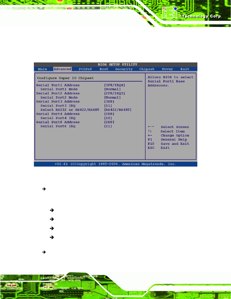 3 super io configuration, Bios menu 6: super io configuration | IEI Integration eKINO-945GSE v1.12 User Manual | Page 119 / 215