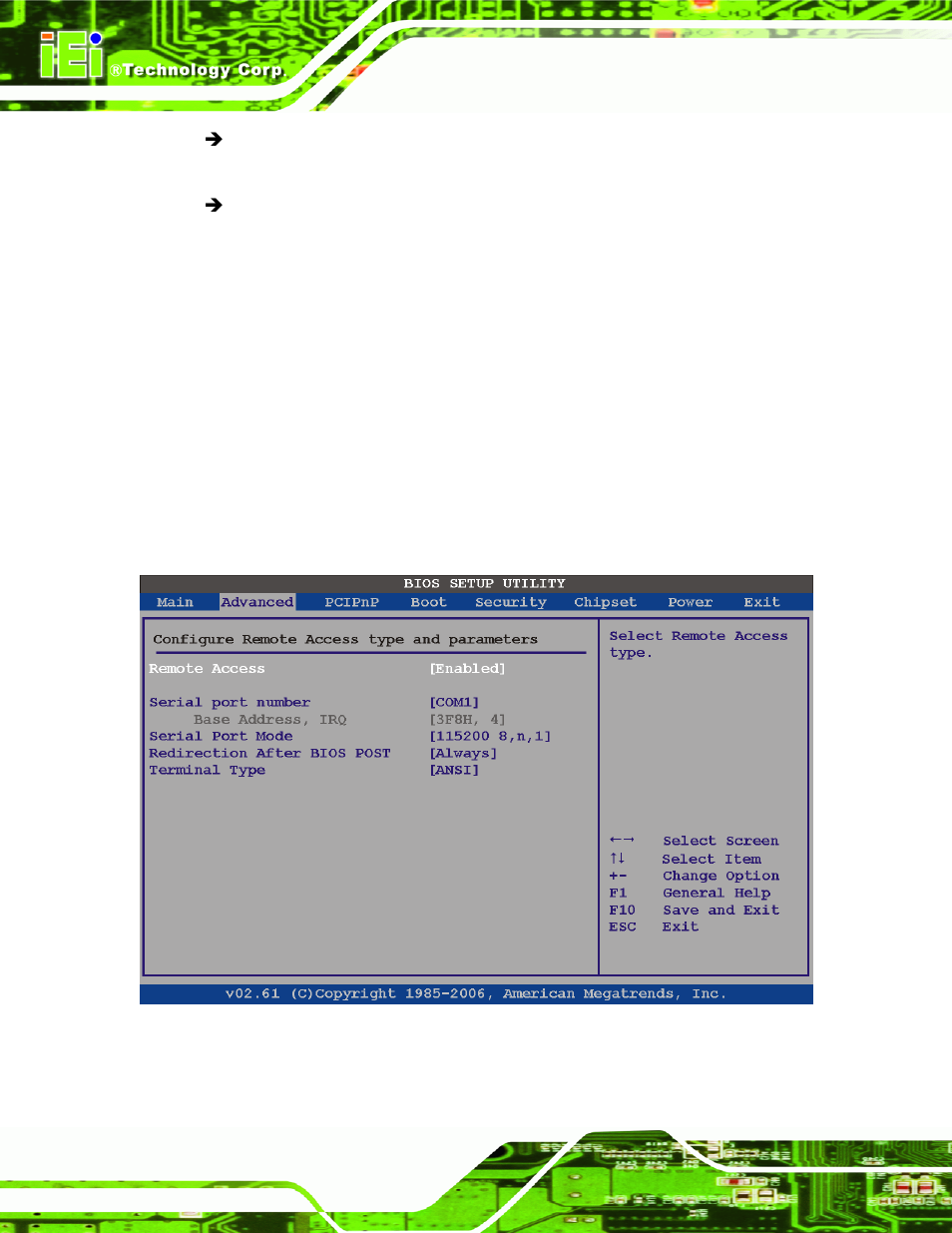 6 remote configuration, Bios menu 11: remote access configuration | IEI Integration eKINO-945GSE v1.12 User Manual | Page 130 / 215