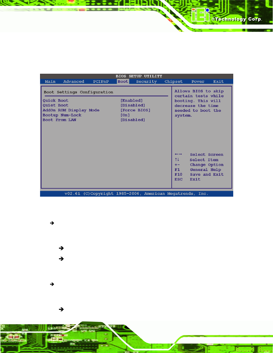 1 boot settings configuration, Bios menu 15: boot settings configuration | IEI Integration eKINO-945GSE v1.12 User Manual | Page 139 / 215