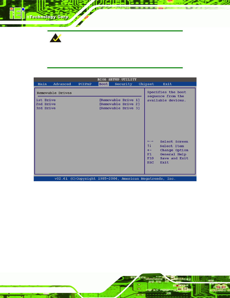 6 security, Ecurity, Bios menu 19: removable drives | IEI Integration eKINO-945GSE v1.12 User Manual | Page 144 / 215