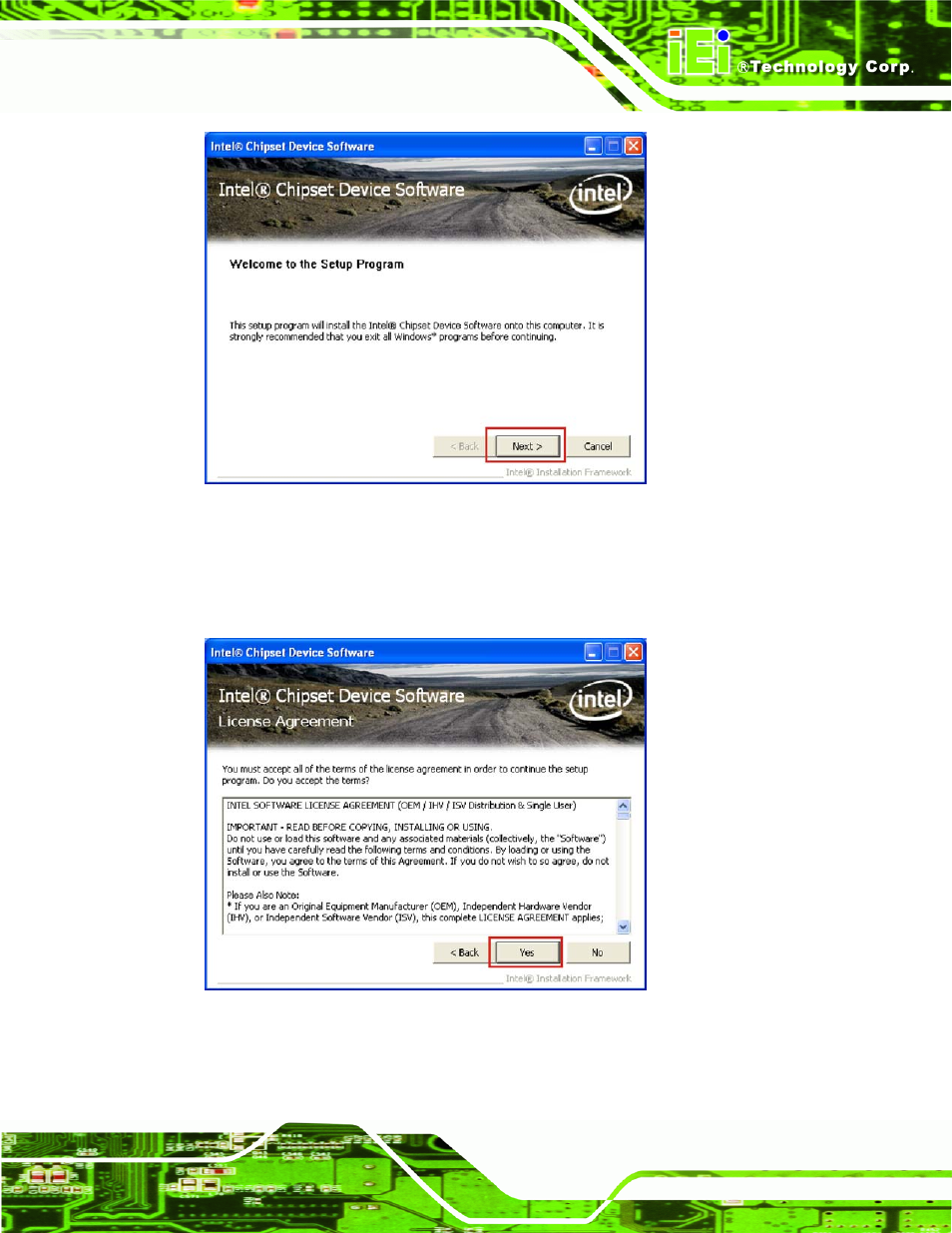Figure 7-4: chipset driver welcome screen, Figure 7-5: chipset driver license agreement | IEI Integration eKINO-945GSE v1.12 User Manual | Page 159 / 215