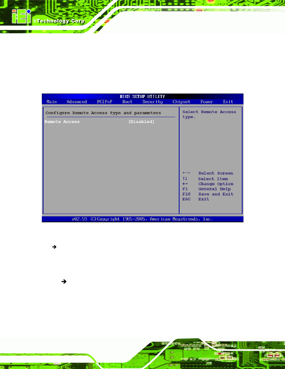 6 remote configuration, Bios menu 10: remote access configuration | IEI Integration KINO-945GSE v1.10 User Manual | Page 132 / 190