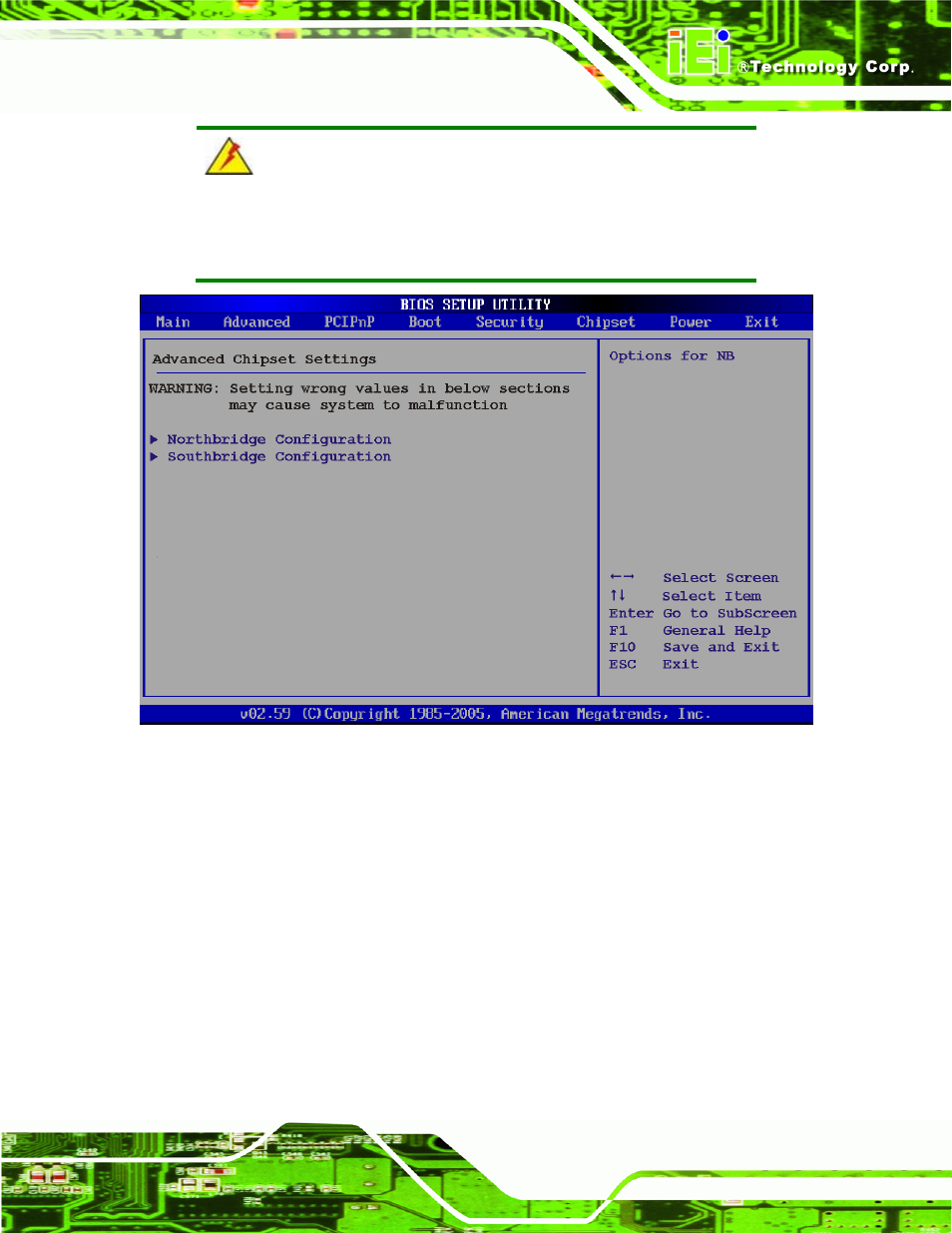 Warning, Bios menu 17: chipset | IEI Integration KINO-945GSE v1.10 User Manual | Page 145 / 190