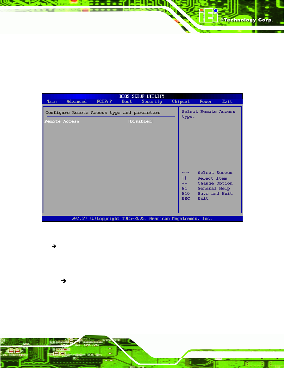 6 remote configuration, Bios menu 10: remote access configuration | IEI Integration KINO-945GSE v1.07 User Manual | Page 131 / 189
