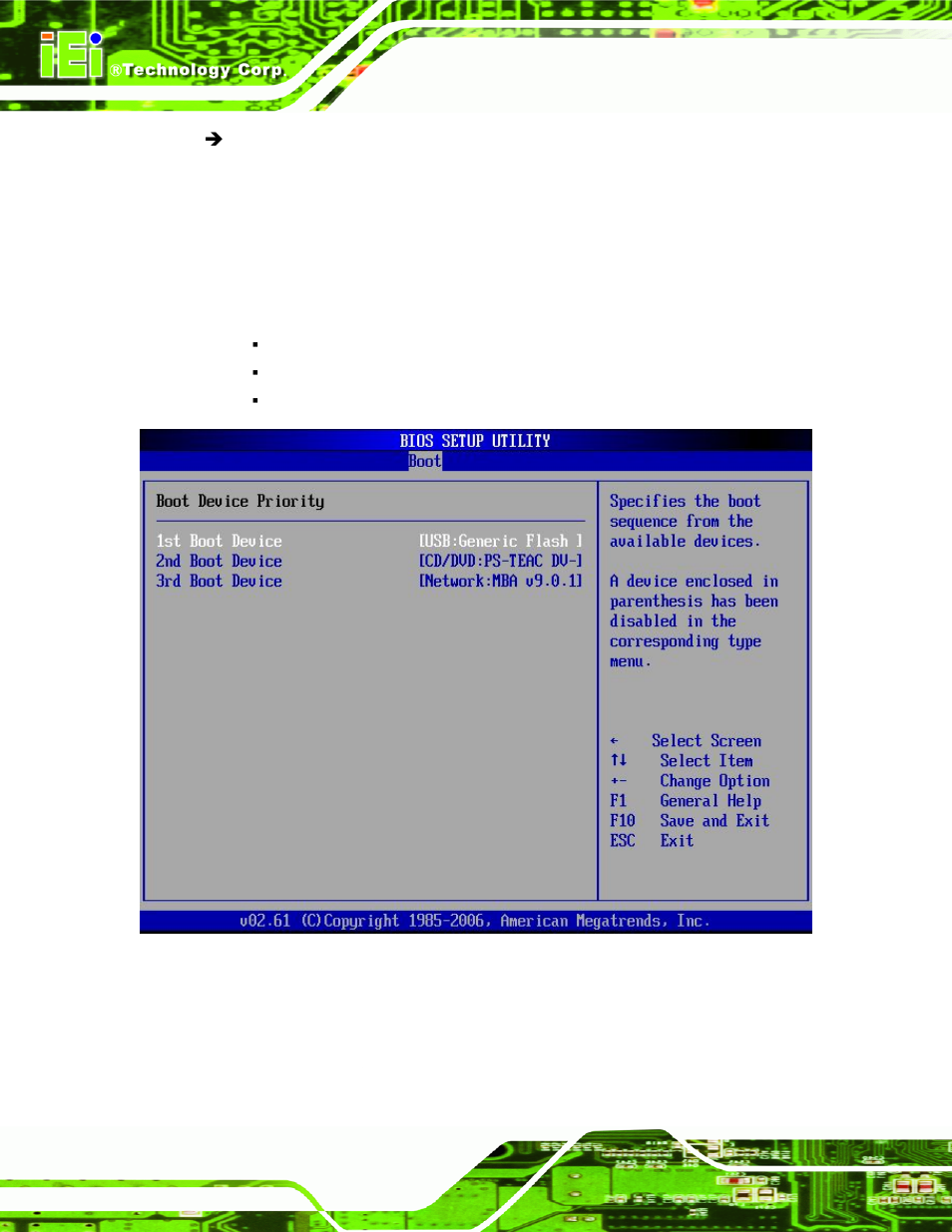 2 boot device priority, 6 security, Ecurity | Bios menu 15: boot device priority settings | IEI Integration KINO-945GSE v1.07 User Manual | Page 142 / 189