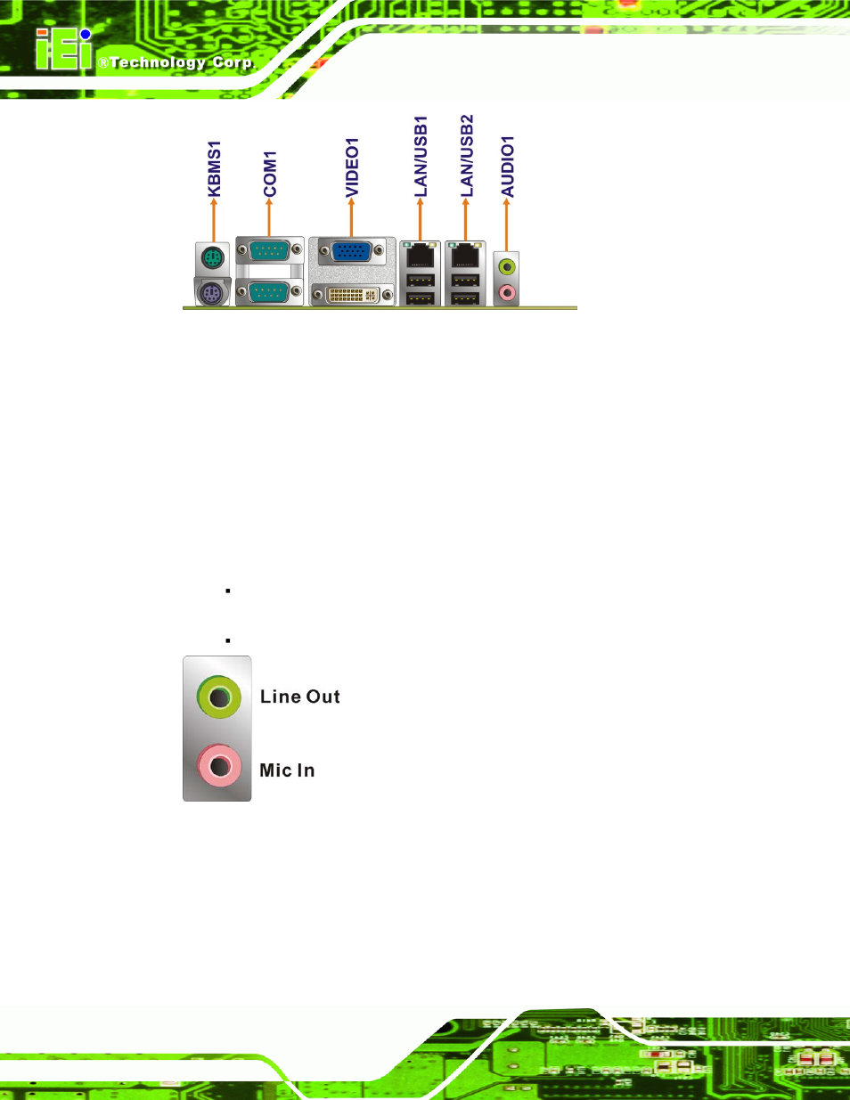 1 audio connector, 2 keyboard/mouse connector, Figure 4-19: audio connector | IEI Integration KINO-945GSE v1.07 User Manual | Page 74 / 189