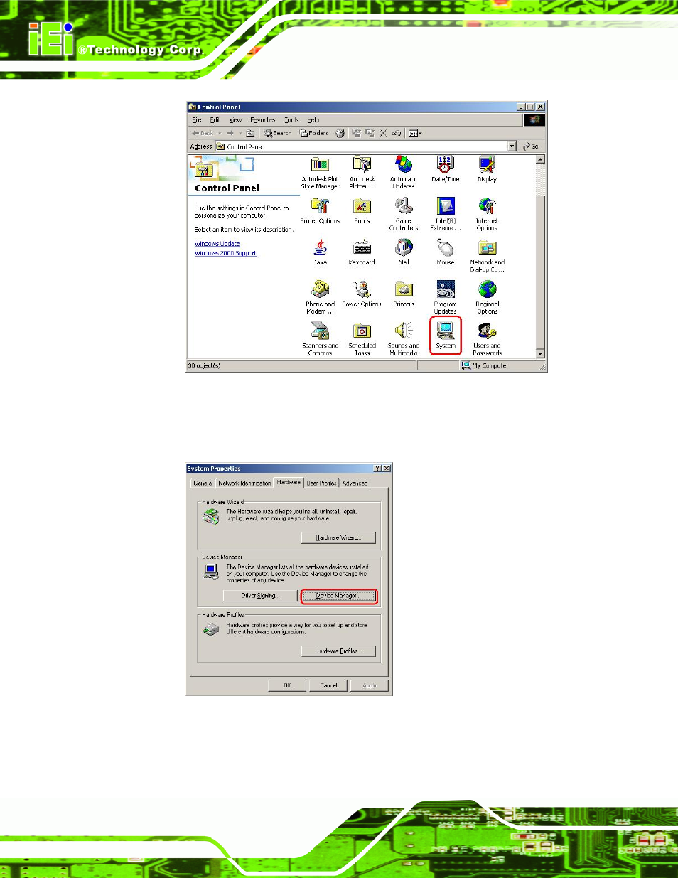 Figure 7-16: double click the system icon, Figure 7-17: double click the device manager tab | IEI Integration KINO-9453 v1.00 User Manual | Page 174 / 229