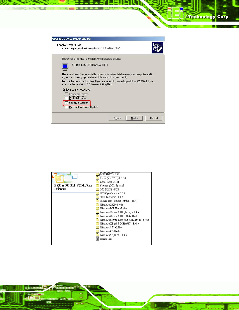 Figure 7-20: locate driver files, Figure 7-21: location browsing window | IEI Integration KINO-9453 v1.00 User Manual | Page 177 / 229