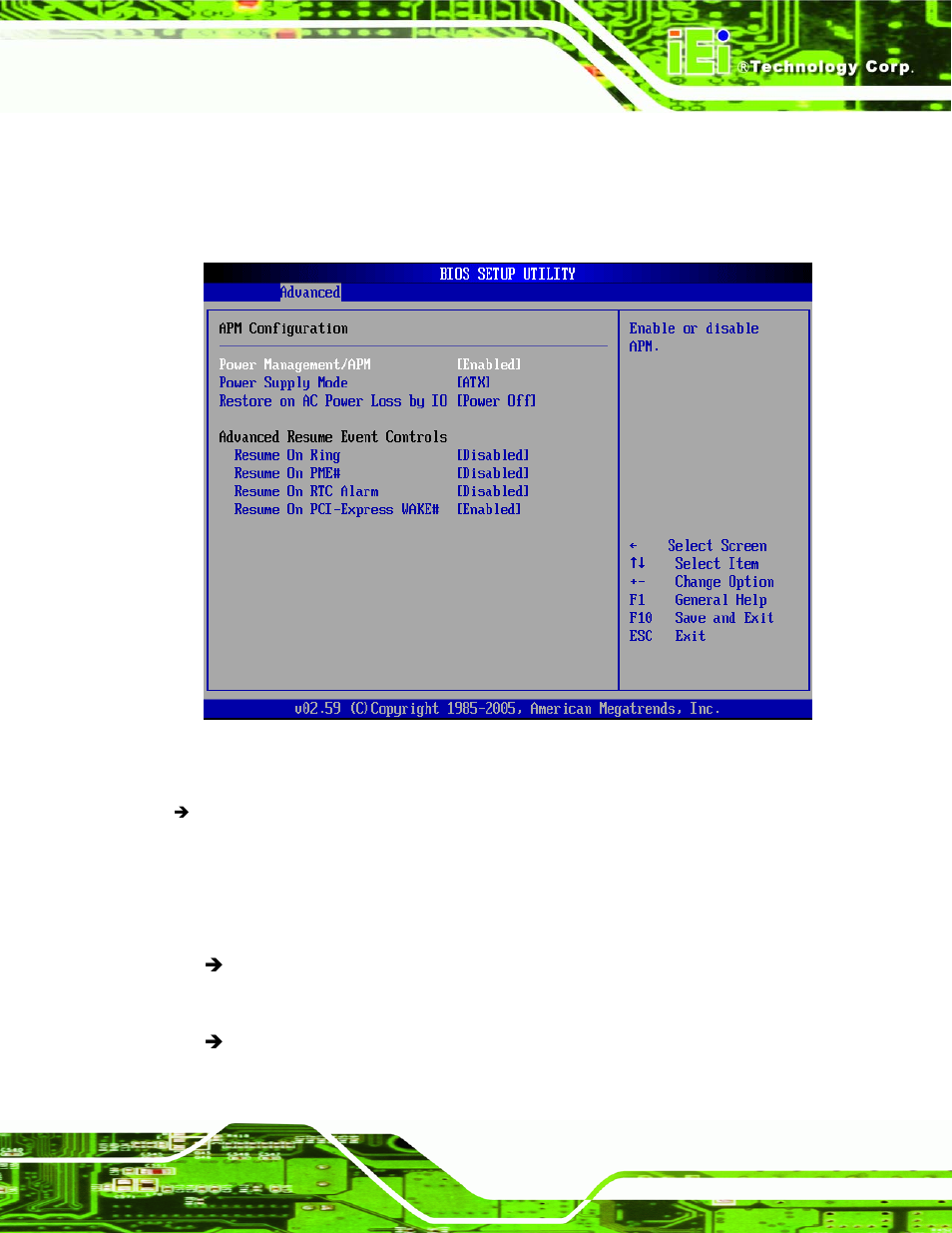 6 apm configuration, Menu 10:advanced power management configuration | IEI Integration KINO-9453 v2.00 User Manual | Page 129 / 229